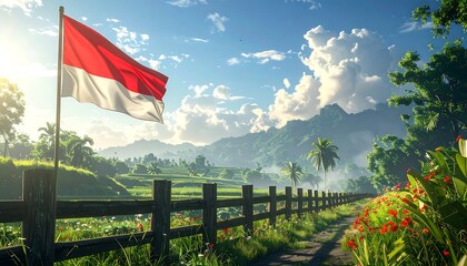 Serene landscape with flag, rice paddies, and lush greenery