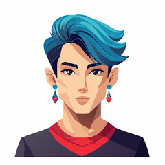 Vector illustration of a stylish young man with vibrant blue hair and modern earrings, representing individuality and contemporary fashion
