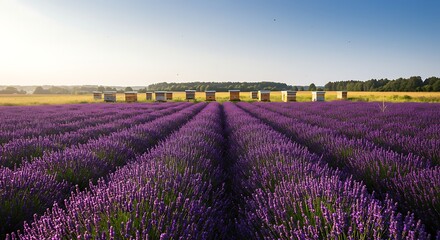 Golden sunset over a vibrant lavender field with beehives, showcasing the symbiotic beauty of apiculture and agriculture in a peaceful rural scene