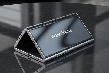 Sleek new foldable smartphone with stunning dual display on modern gray surface, perfect for showcasing your brand name with cutting edge technology