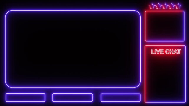 Intermission Stream Overlay Animated, Neon Sign looping facecam and chat for live streaming ,Frame border HUD element. HUD viewfinder. Intermission Stream Overlay Animation