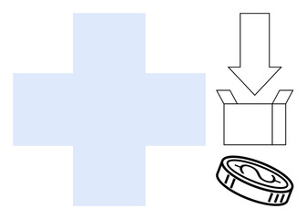 Blue cross alongside a box, arrow, and coin represents funding healthcare services or medical donations. Ideal for healthcare, charity, funding, insurance, aid, contribution medical budget concepts
