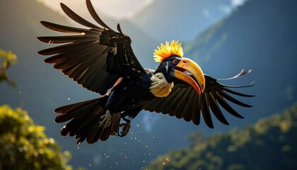 Obraz premium Majestic helmeted hornbill soars gracefully against a picturesque mountain backdrop