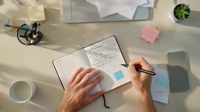 A person's hands meticulously write notes and sketch ideas in a professional notebook on a clean, light-colored desk.