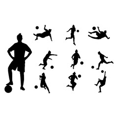 A collection of dynamic black silhouettes of male and female soccer players in various action poses, such as kicking, catching, and running with a ball.