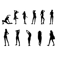 A collection of black silhouette figures of women in diverse poses, representing various activities and postures.