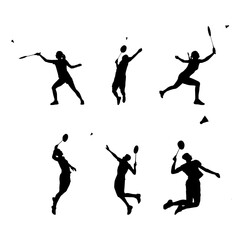 Six black silhouettes of badminton players in various action poses against a white background.