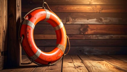 Orange life preserver on wood