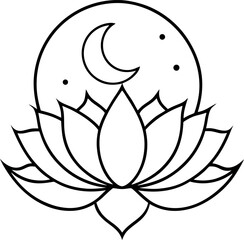 lotus flower glowing in crescent moon illustration on transparent background
