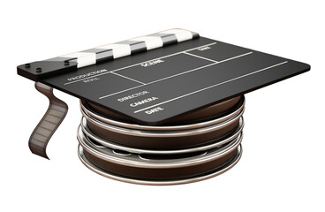 Film reels, clapboard and film roll arranged like graduation cap on transparent background. 3D illustration