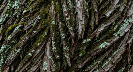 Fototapeta premium Detail of textured tree bark featuring intricate patterns and mossy growths, revealing the natural