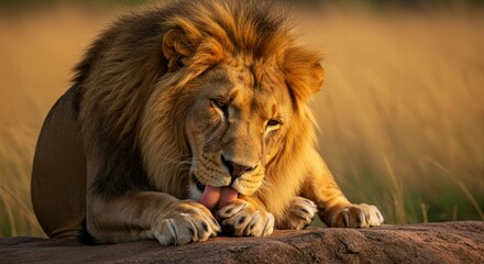 Fototapeta premium Majestic Lion Grooming, A Portrait of Feline Grace and Wilderness