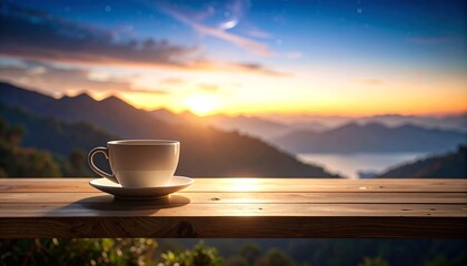 Serene Sunrise Coffee Cup Mockup on Floating Shelf - Commercial Photography