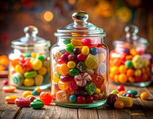 Colorful candies overflowing glass jars on rustic wooden table