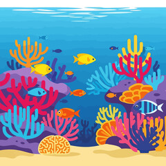 Colorful underwater scene with coral reef and various fish.