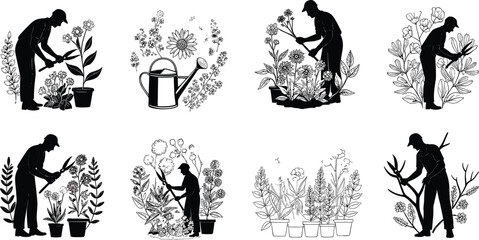 Gardening, silhouette, plants, flowers, watering, pruning, nature, growth, outdoor, care, nurture, horticulture, pots, tools, activity