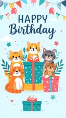 Cute cats celebrating birthday with gifts