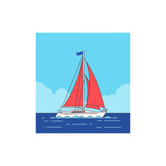 A vector illustration of a white sailboat with bright red sails floating on a calm blue sea under a clear sky.
