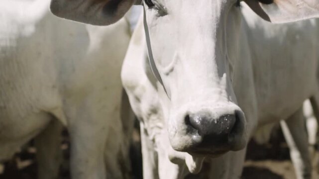 Close up of white brahman cattle grazing in a pasture on a sunny day