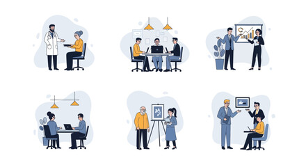 Illustrations depicting various business and professional scenarios focusing on teamwork and collaboration in office settings