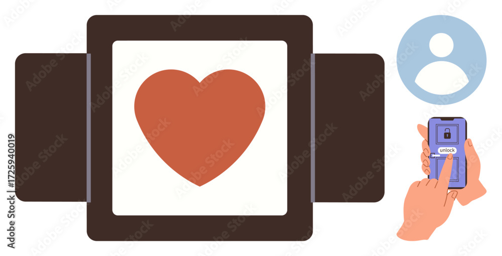 Poster heart inside a secure box being unlocked through a smartphone app. ideal for security, technology, l
