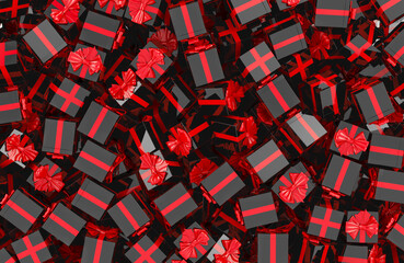 Black gift boxes with red ribbons pile, background. 3D rendering