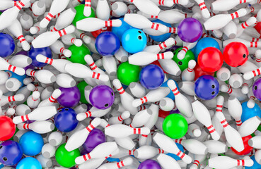 Bowling ball and skittles pile, background. 3D rendering