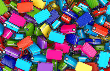 Colorful travel suitcases pile, background. 3D rendering