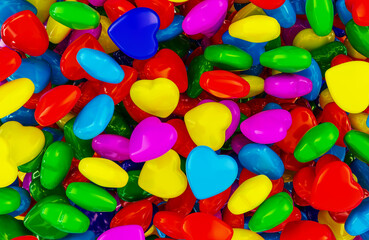 Many bright shiny heart shapes in different colors filling the background, 3D rendering