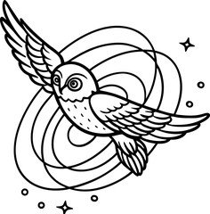 owl flying across spiral galaxy illustration on transparent background