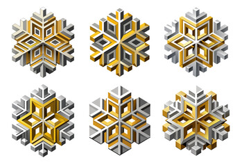 Set of geometric snowflakes in metallic gold and silver with deep shadowed layers, con
