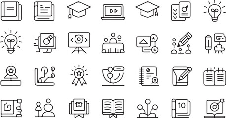 Collection of line art icons representing education learning and business concepts school university