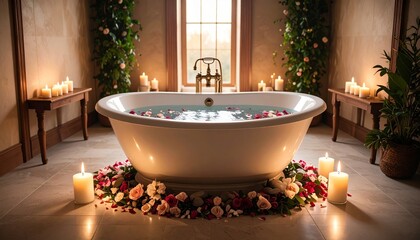 Luxurious bathing experience filled with rose petals and gentle candle light