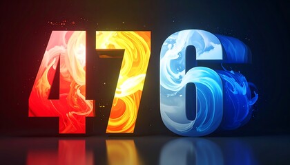 Digitized numbers filled with swirling, contrasting elements. Reflective surface with vibrant colours