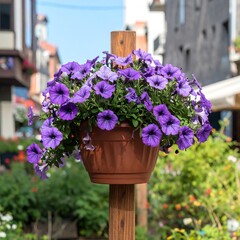 Vibrant purple petunias in a hanging planter