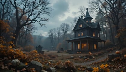 Obraz premium Victorian Haunted House Halloween in Autumn Forest