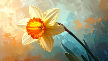 A single daffodil, pale yellow with orange cup, is presented against a painterly background of teal, orange, and beige brushstrokes