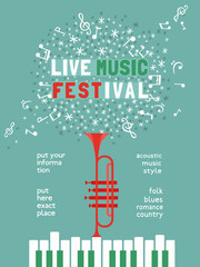Winter Season Holidays Live Music Festival event vector poster template. Piano, trumpet silhouette, snowflake cartoon illustration. Christmas Jazz Night Fest Music performance, celebration background