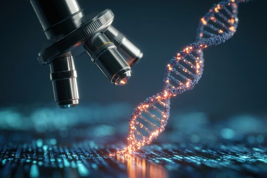 Microscope examining glowing dna helix on digital circuit board background