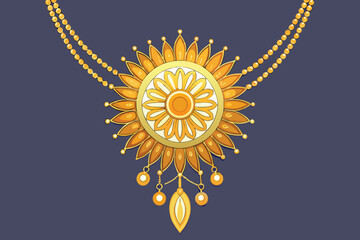 Ornate Golden Sun- Shaped Pendant Necklace with Double Chain on Dark Blue Background vector