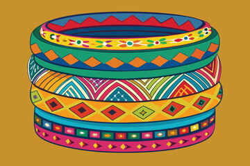 Stack of Colorful Ethnic Bangles with Geometric and Floral Patterns on Ochre Background