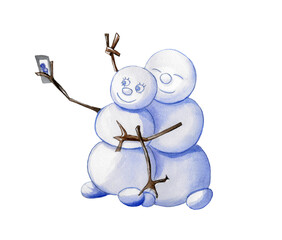 A cute watercolor illustration of two hugging snowmen taking a selfie with a smartphone, isolated on a transparent background. Winter, love, and holiday concept.
