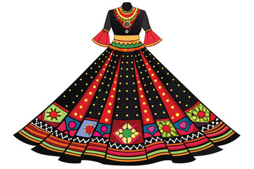 Traditional Indian Folk Dress with Colorful Geometric Patterns and Polka Dots Indian dress