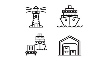Obraz premium Vector art of line art illustration of a lighthouse, ship, port, and warehouse