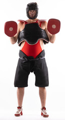 martial arts trainer in protective gear practicing punches on  white background
