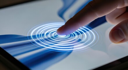 Interactive technology interface displaying pulsating energy through fingertip touch control