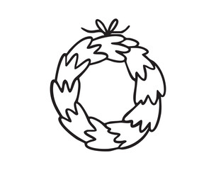 christmas wreath green pine branches, monochrome line art hand drawn style, monochrome line art doodle hand drawn cartoon icon element