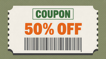 Discount Coupon: An eye-catching coupon, boasting a tempting 50% off offer, is presented against a textured backdrop, designed to draw consumers in and boost sales
