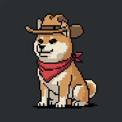 Pixel Art Dog Cowboy with Bandana in Western Style Brown Tan