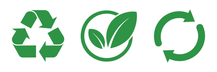 Obraz premium Ecological Recycling Symbols Set Green Arrows Leaves Round Environment Concepts